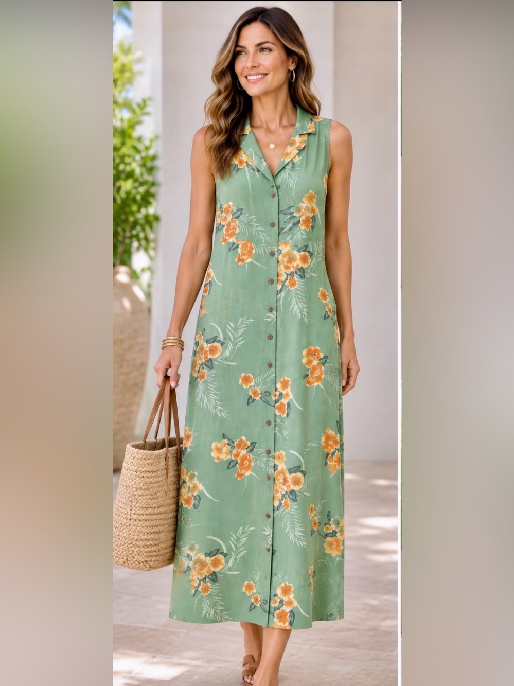 Sage Green Sleeveless Floral Button-Front Maxi Dress